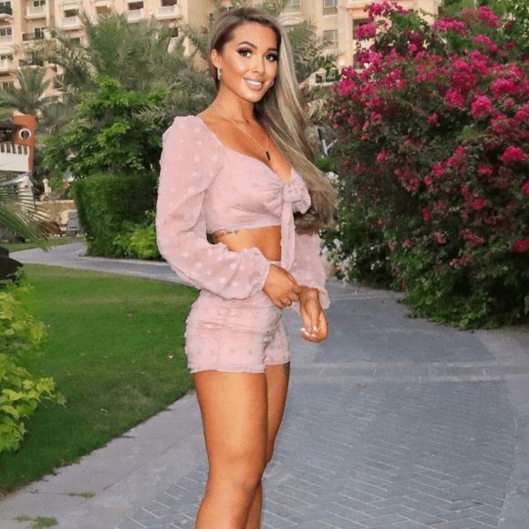 Pink Long Sleeve V-Neck Crop Top and High Waist Shorts Two Piece Set - Picture 2 of 9
